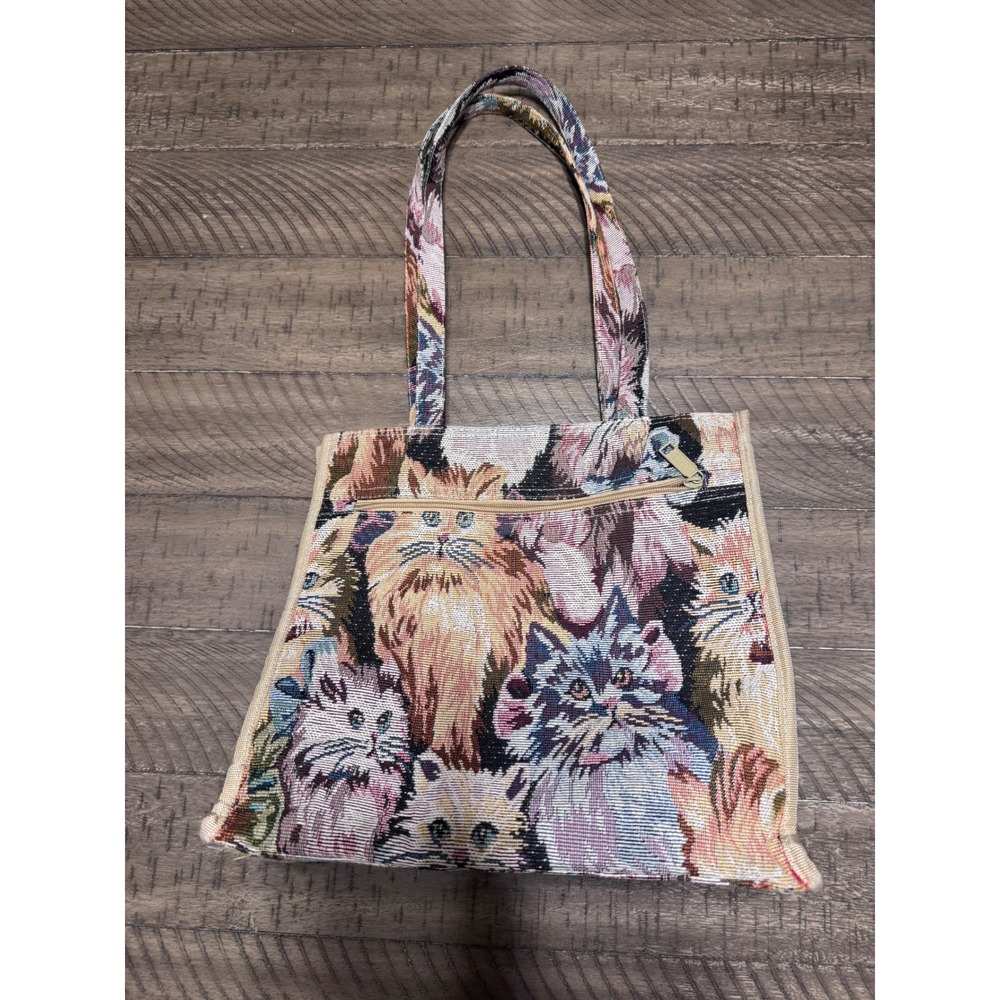 Jade Woven Tapestry Cat Print Tote Bag with Matching Coin Purse Vintage Style